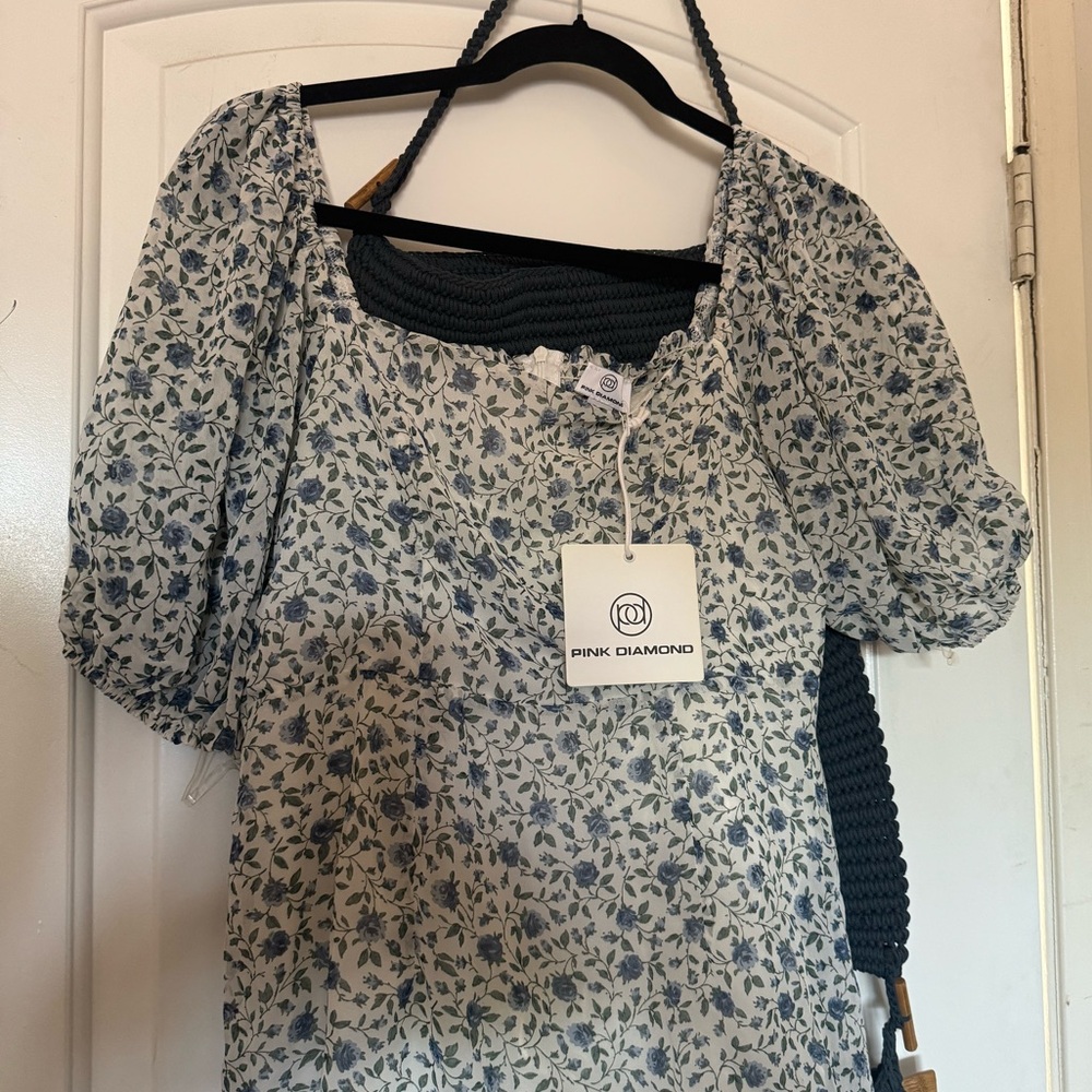 Pink Diamond White Floral Blue Mini dress Quarter Puff Sleeves
